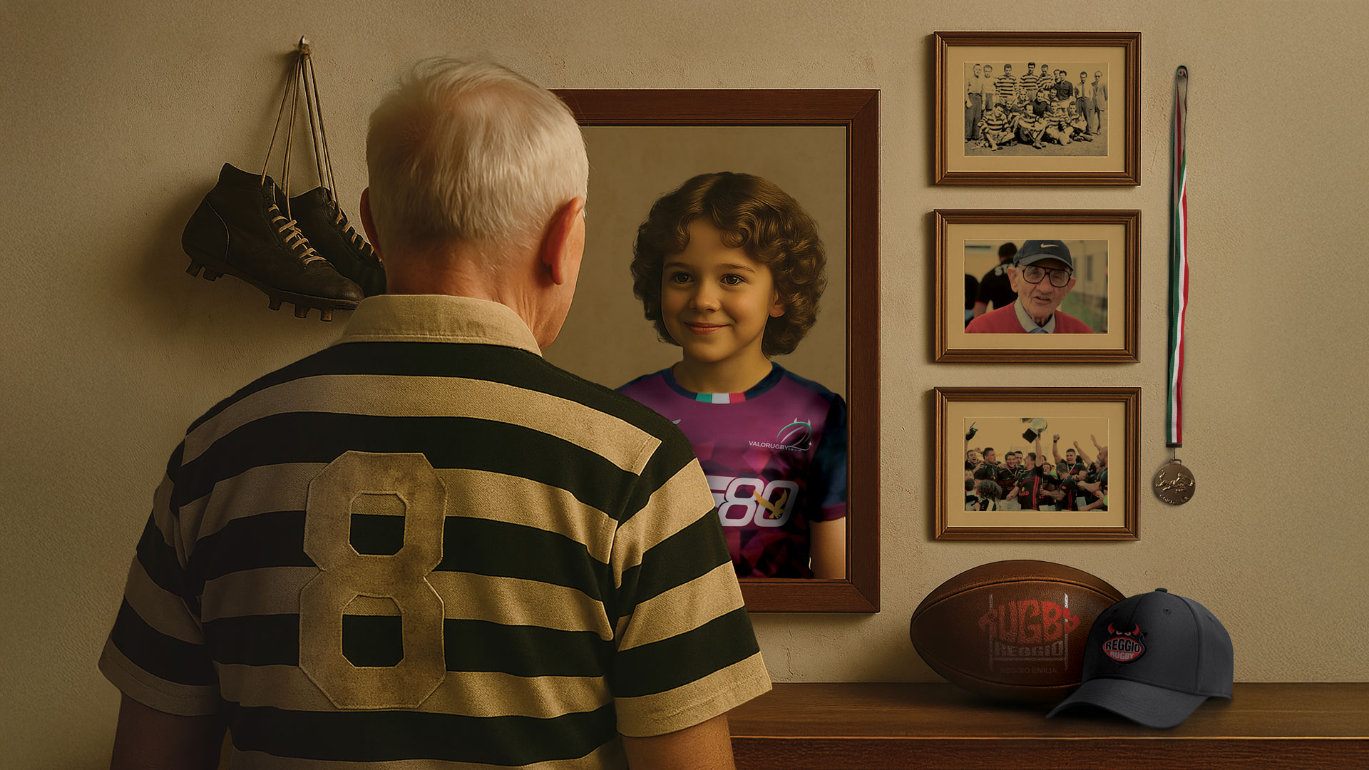 Campagna abbonamenti Valorugby 2025, immagine simbolica generazioni del rugby: anziano ex giocatore guarda nello specchio e vede un bambino con maglia Valorugby, tradizione e futuro uniti