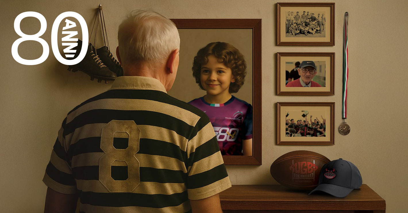 Campagna abbonamenti Valorugby 2025, immagine simbolica generazioni del rugby: anziano ex giocatore guarda nello specchio e vede un bambino con maglia Valorugby, tradizione e futuro uniti